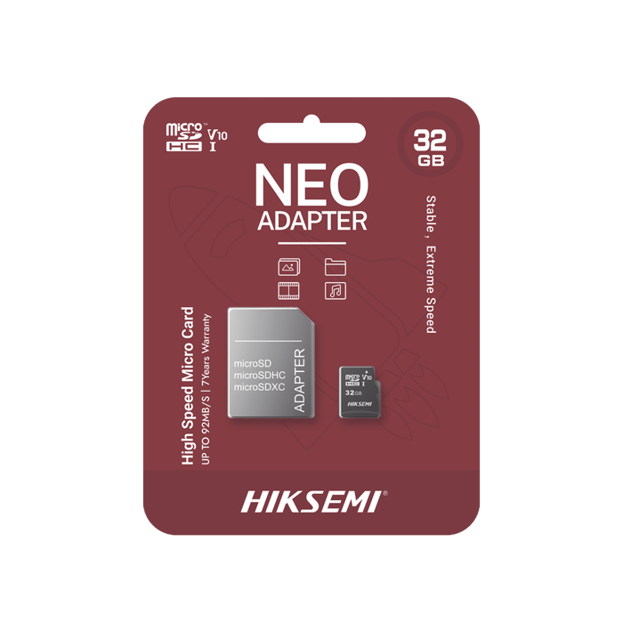 HS-TF-C1/32G/NEO/A   HIKSEMI  – Memoria microSD con Adaptador / 32 GB / Clase 10 / NAND TLC / 92 MB/s Lectura / Multipropósito