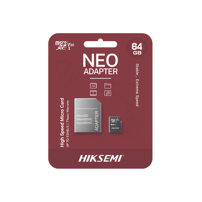 HS-TF-C1/64G/NEO/A   HIKSEMI | Memoria microSD con Adaptador / 64 GB / Clase 10 / NAND TLC / 92 MB/s Lectura / Multipropósito