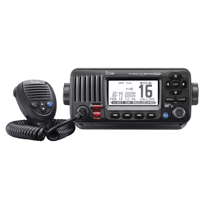 IC-M424G/41 ICOM  – Radio VHF Móvil Marino, Función de cancelación de ruido, GPS interconstruido, Salida de potencia de 10W, Bocina Manual, Elimina Residuos de Agua de la Bocina, IPX7 Sumergible, Color Negro.