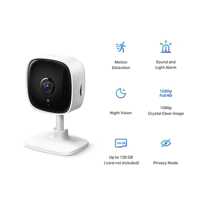 TAPOC100  TPLINK  - Cámara IP Wi-Fi para hogar, 2 megapixel, audio doble vía, visión nocturna, notificación Push, acepta memoria Micro SD de para grabación.