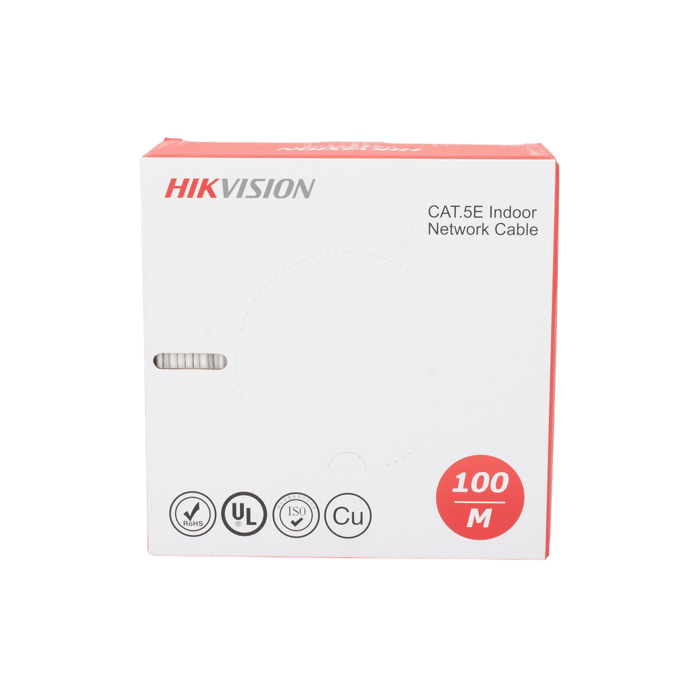 DS1LN5ES100  HIKVISION – Bobina de Cable UTP 100 Mts / Cat 5E (24 AWG) / Color Blanco / PVC (CM) / Uso en Interior / 100% Cobre / Aplicaciones de CCTV y Redes de Datos
