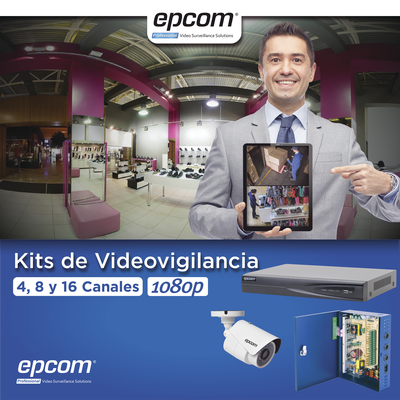 KEVTX8T16BW EPCOM KIT TurboHD 1080p / DVR 16 Canales / 16 Cámaras Bala (exterior 2.8 mm) / Transceptores / Conectores / Fuente de Poder Profesional