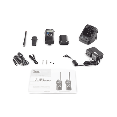 IC-M73  ICOM -  Radio portátil marino, 6 W de potencia RF, sumergible IPX8, 700mW de potencia de audio, rango de frecuencia Tx:156.025-157.425MHz, Rx:156.050-163.275MHz. Incluye Batería, antena, clip, cargador, cable de encendedor y correa.