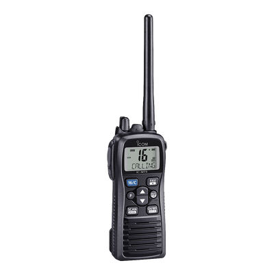 IC-M73  ICOM -  Radio portátil marino, 6 W de potencia RF, sumergible IPX8, 700mW de potencia de audio, rango de frecuencia Tx:156.025-157.425MHz, Rx:156.050-163.275MHz. Incluye Batería, antena, clip, cargador, cable de encendedor y correa.