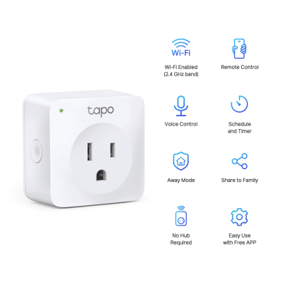 TAPOP100-1P  TPLINK - Mini tomacorriente inteligente Wi-Fi, 100 - 120V~, 50/60Hz, 15.0A, compatible con Amazon Alexa y Google Assistant, color blanco
