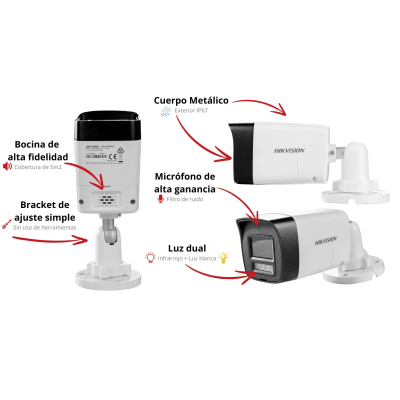 DS-2CE16U0T-LTS  HIKVISION - [Audio Bidireccional + Dual Light + ColorVu] Camara tipo Bala TURBOHD 4K (8 Megapixel) / Lente 2.8 mm / 30 mts IR EXIR + 20 mts Luz Blanca / Micrófono y Bocina Integrado / Exterior IP67 / Metal / dWDR