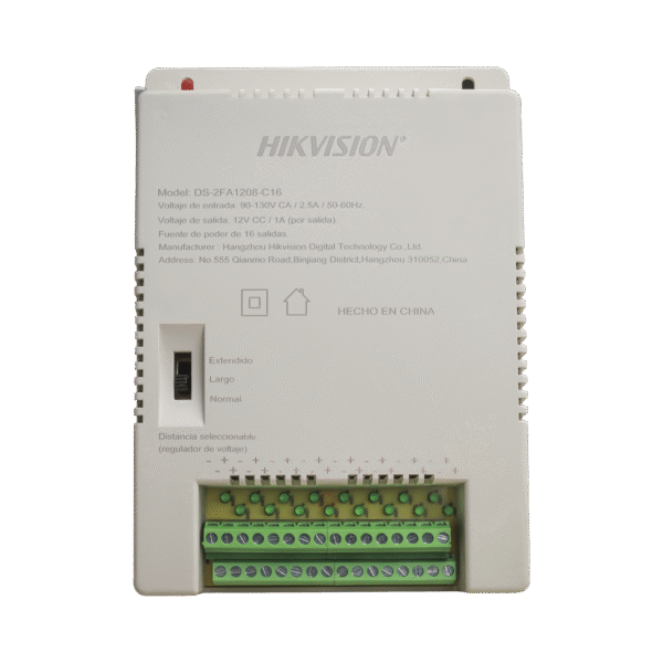 DS-2FA1208-C16/K  HIKVISION  - Fuente de Poder Regulada 12 Vcc / 13.5 Vcc / 15 Vcc para 16 Cámaras / 16 Amp (1 Amp por Salida) / Voltaje de Entrada 90 - 130 VCA / Soporta 4K / Modo para Largas Distancias
