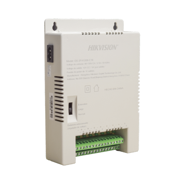 DS-2FA1208-C16/K  HIKVISION  - Fuente de Poder Regulada 12 Vcc / 13.5 Vcc / 15 Vcc para 16 Cámaras / 16 Amp (1 Amp por Salida) / Voltaje de Entrada 90 - 130 VCA / Soporta 4K / Modo para Largas Distancias